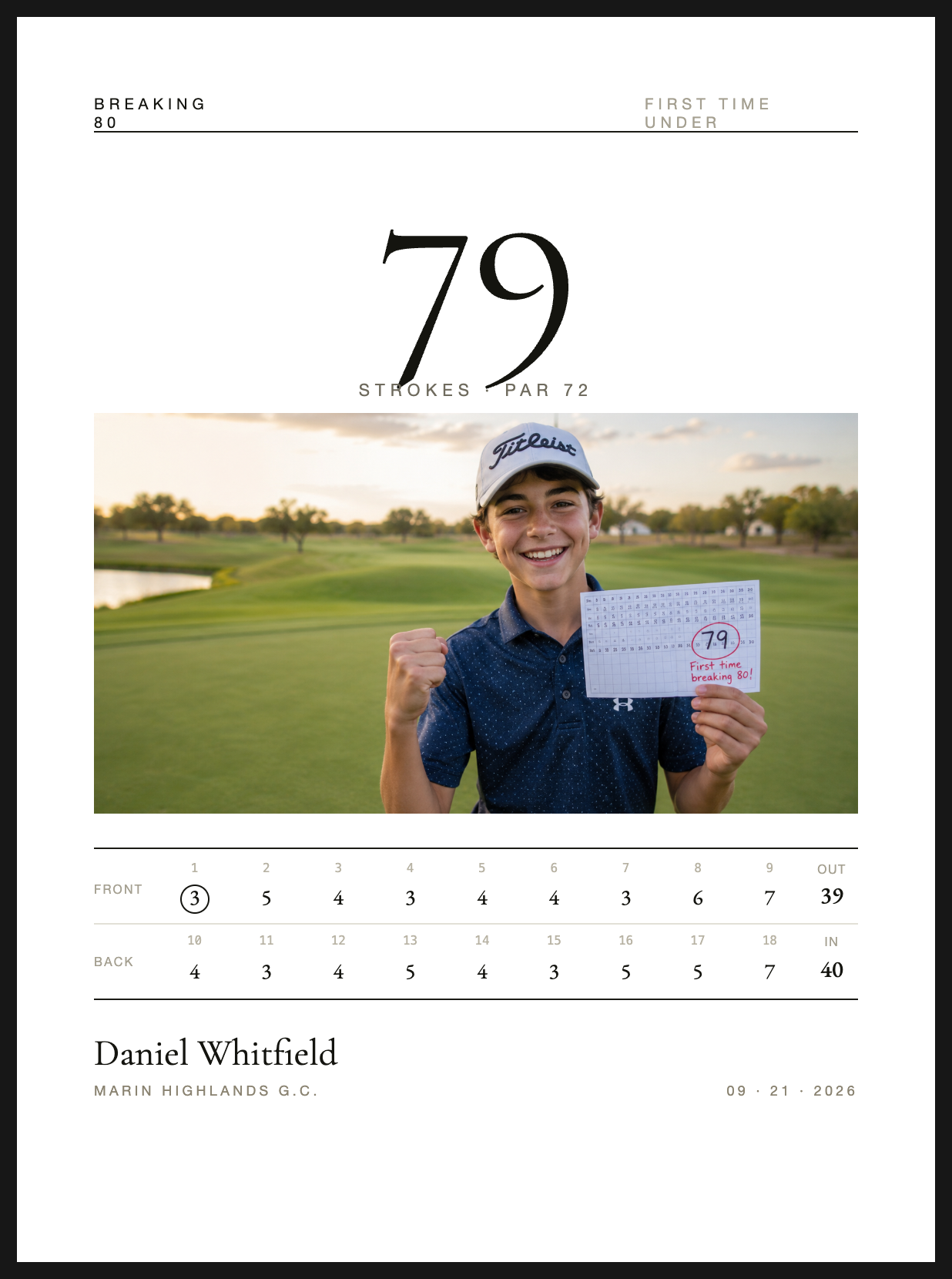 A finished Best Day Prints keepsake featuring the reimagined scorecard