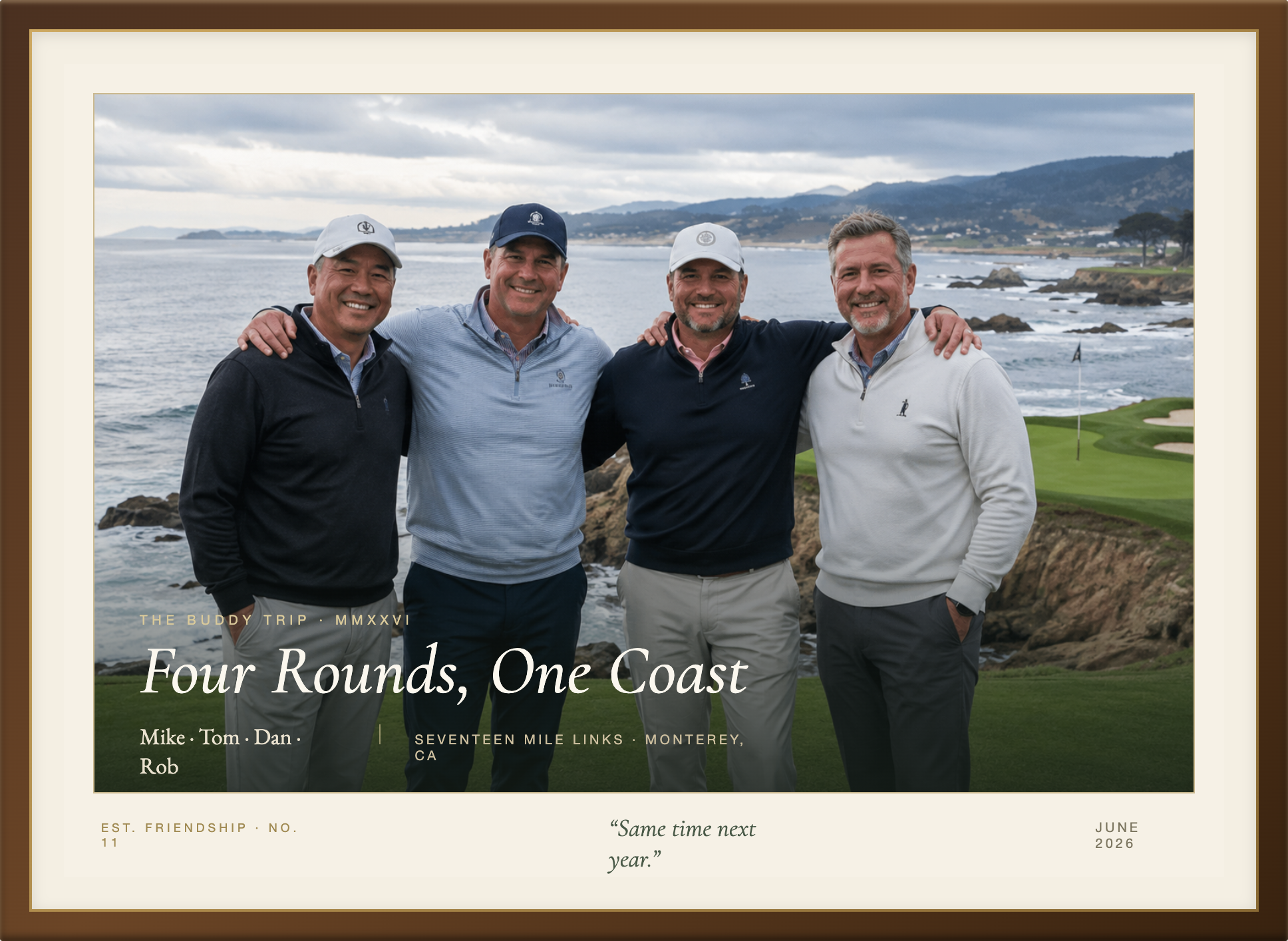 A finished Best Day Prints keepsake — a coastal round with friends