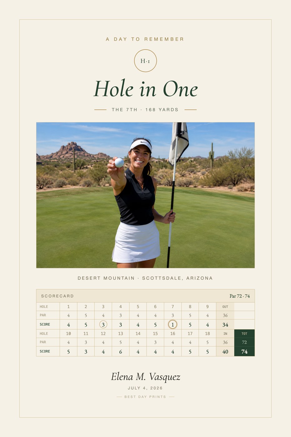 Hole-in-One print — Classic Country-Club design, shown with a sample photo and sample copy