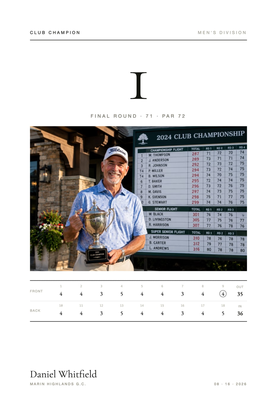 Club Championship print in the Modern Editorial design, shown with a sample photo and sample copy