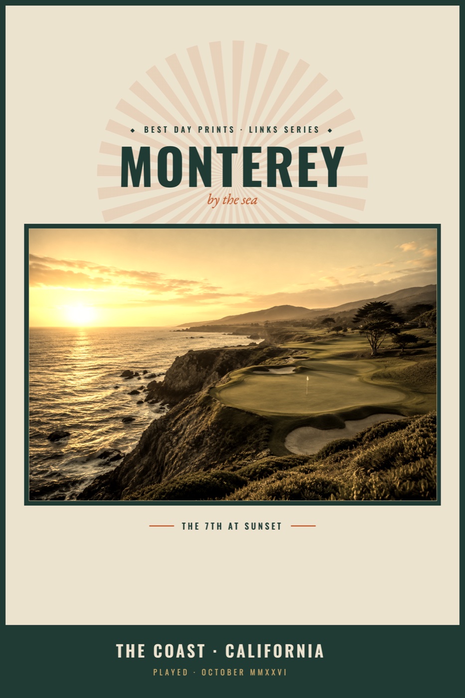 Destination Poster print — Vintage Links design, shown with a sample photo and sample copy