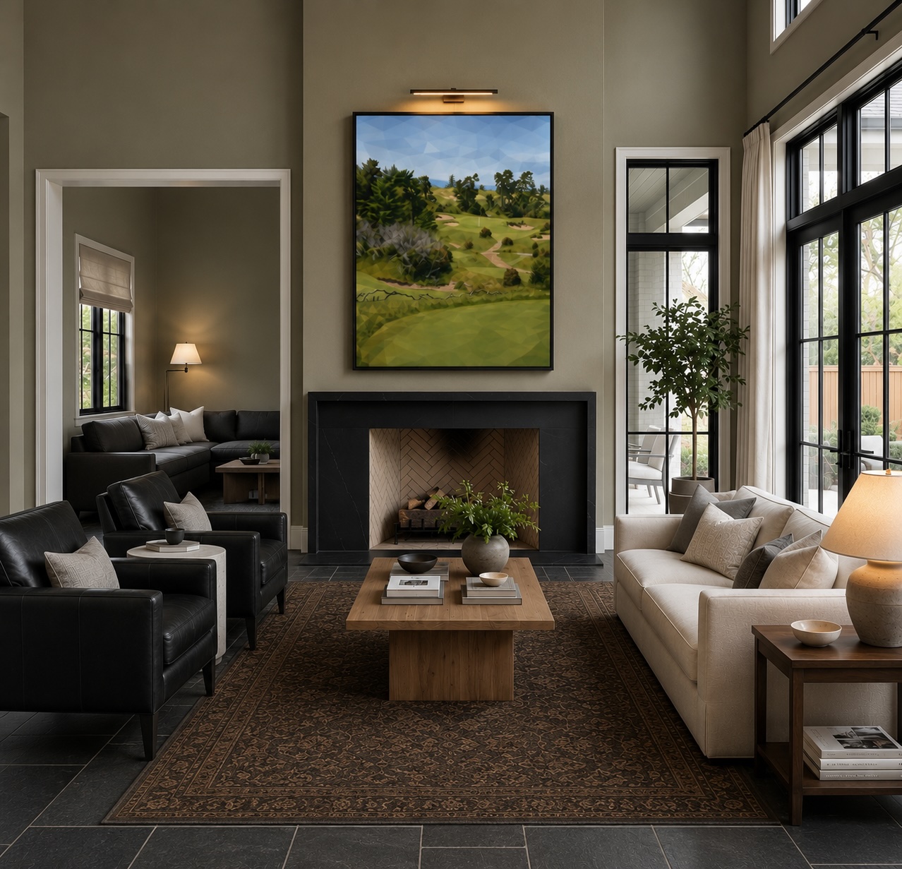 A framed print hanging above a living-room fireplace